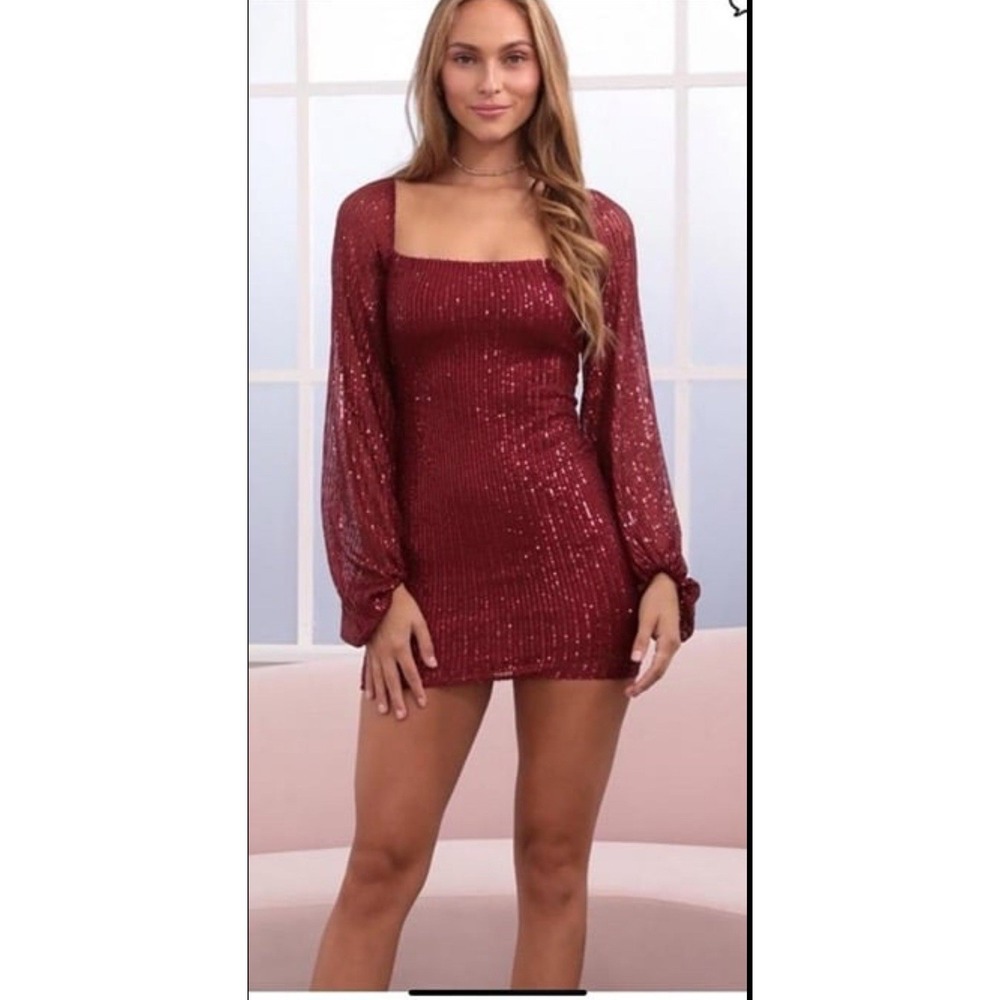 Lucy In the Sky Red Sequin Dress‎ Women's Ballon Sleeves Mini Dress S